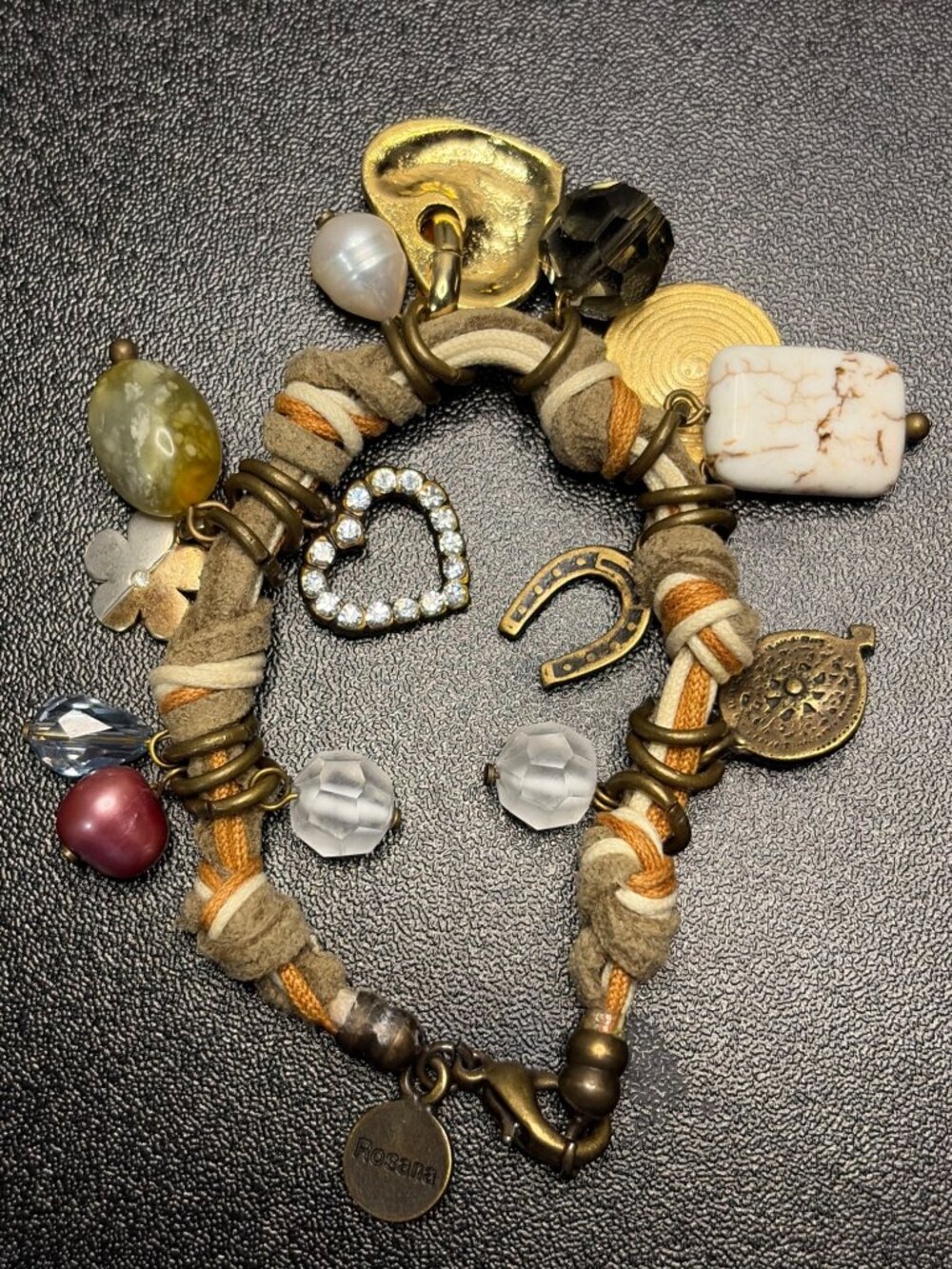 Boho Heart & Horseshoe Charm Bracelet Pearl Accents Mixed Media